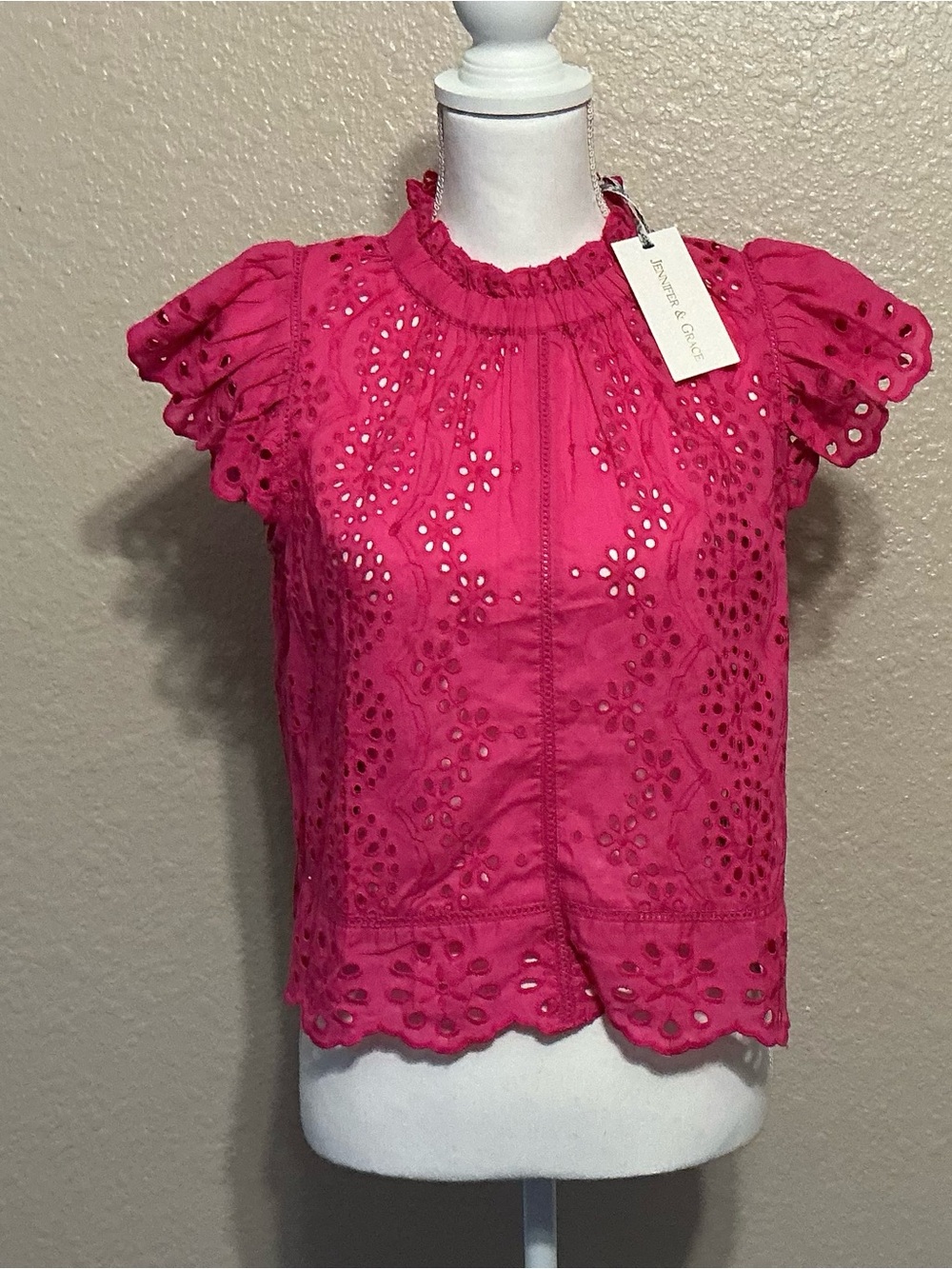 Jennifer & Grace Fuchsia High Neck Eyelet Ruffle Sleeve Top